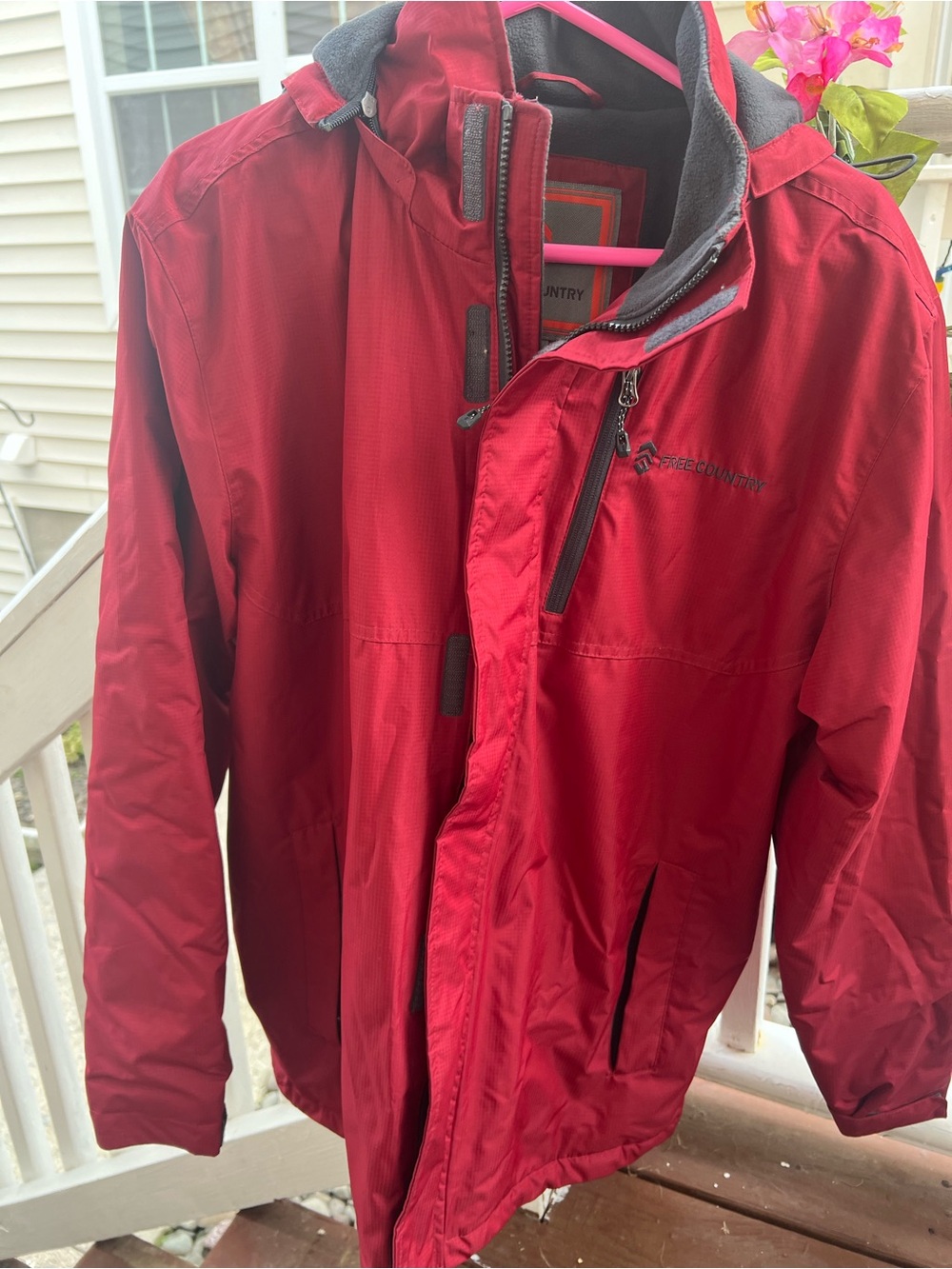 Free Country Men’s Red Hooded Raincoat with Zip & Pocket Details